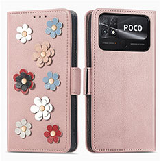 Custodia Portafoglio In Pelle Fiori Cover con Supporto S02D per Xiaomi Poco C40 Oro Rosa