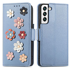 Custodia Portafoglio In Pelle Fiori Cover con Supporto S04D per Samsung Galaxy S21 5G Blu