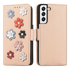 Custodia Portafoglio In Pelle Fiori Cover con Supporto S04D per Samsung Galaxy S22 5G Oro