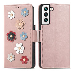 Custodia Portafoglio In Pelle Fiori Cover con Supporto S04D per Samsung Galaxy S23 Plus 5G Oro Rosa