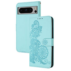 Custodia Portafoglio In Pelle Fiori Cover con Supporto Y01X per Google Pixel 8 5G Azzurro