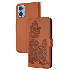 Custodia Portafoglio In Pelle Fiori Cover con Supporto Y01X per Motorola Moto E22 Marrone