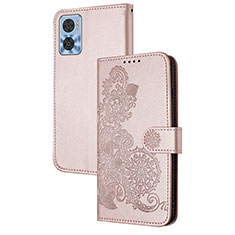 Custodia Portafoglio In Pelle Fiori Cover con Supporto Y01X per Motorola Moto E22 Oro Rosa