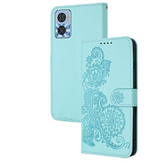 Custodia Portafoglio In Pelle Fiori Cover con Supporto Y01X per Motorola Moto E22i Azzurro