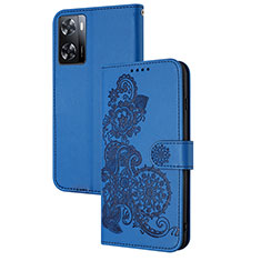 Custodia Portafoglio In Pelle Fiori Cover con Supporto Y01X per Oppo A77s Blu