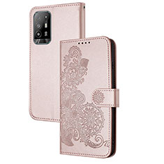 Custodia Portafoglio In Pelle Fiori Cover con Supporto Y01X per Oppo A94 5G Oro Rosa