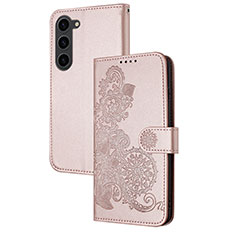 Custodia Portafoglio In Pelle Fiori Cover con Supporto Y01X per Samsung Galaxy S22 Plus 5G Oro Rosa