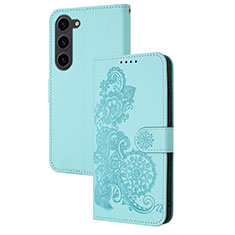 Custodia Portafoglio In Pelle Fiori Cover con Supporto Y01X per Samsung Galaxy S23 Plus 5G Azzurro