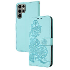 Custodia Portafoglio In Pelle Fiori Cover con Supporto Y01X per Samsung Galaxy S25 Ultra 5G Azzurro