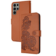 Custodia Portafoglio In Pelle Fiori Cover con Supporto Y01X per Samsung Galaxy S25 Ultra 5G Marrone