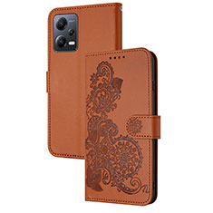 Custodia Portafoglio In Pelle Fiori Cover con Supporto Y01X per Xiaomi Redmi Note 12 5G Marrone