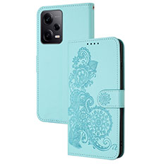 Custodia Portafoglio In Pelle Fiori Cover con Supporto Y01X per Xiaomi Redmi Note 12 Explorer Azzurro