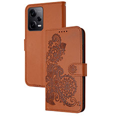 Custodia Portafoglio In Pelle Fiori Cover con Supporto Y01X per Xiaomi Redmi Note 12 Explorer Marrone