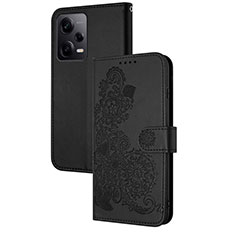 Custodia Portafoglio In Pelle Fiori Cover con Supporto Y01X per Xiaomi Redmi Note 12 Explorer Nero