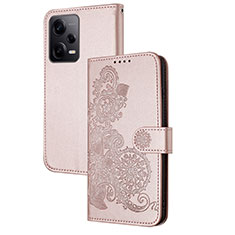 Custodia Portafoglio In Pelle Fiori Cover con Supporto Y01X per Xiaomi Redmi Note 12 Pro+ Plus 5G Oro Rosa