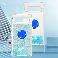 Custodia Silicone Cover Morbida Bling-Bling con Anello Supporto S01 per Google Pixel 7a 5G Cielo Blu