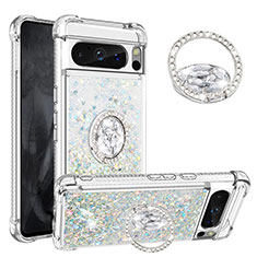 Custodia Silicone Cover Morbida Bling-Bling con Anello Supporto S01 per Google Pixel 8 Pro 5G Argento