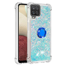 Custodia Silicone Cover Morbida Bling-Bling con Anello Supporto S01 per Samsung Galaxy A12 Cielo Blu