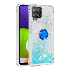 Custodia Silicone Cover Morbida Bling-Bling con Anello Supporto S01 per Samsung Galaxy A22 4G Ciano