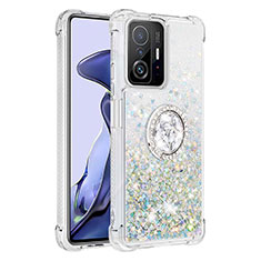 Custodia Silicone Cover Morbida Bling-Bling con Anello Supporto S01 per Xiaomi Mi 11T Pro 5G Argento