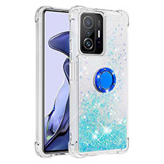 Custodia Silicone Cover Morbida Bling-Bling con Anello Supporto S01 per Xiaomi Mi 11T Pro 5G Cielo Blu