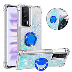 Custodia Silicone Cover Morbida Bling-Bling con Anello Supporto S01 per Xiaomi Redmi K60 5G Azzurro