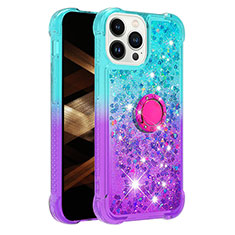 Custodia Silicone Cover Morbida Bling-Bling con Anello Supporto S02 per Apple iPhone 14 Pro Cielo Blu