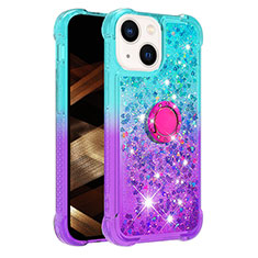 Custodia Silicone Cover Morbida Bling-Bling con Anello Supporto S02 per Apple iPhone 15 Plus Cielo Blu