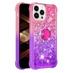 Custodia Silicone Cover Morbida Bling-Bling con Anello Supporto S02 per Apple iPhone 15 Pro Max Rosa Caldo