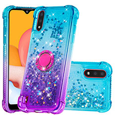 Custodia Silicone Cover Morbida Bling-Bling con Anello Supporto S02 per Samsung Galaxy A01 SM-A015 Cielo Blu