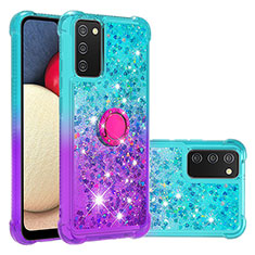 Custodia Silicone Cover Morbida Bling-Bling con Anello Supporto S02 per Samsung Galaxy A03s Cielo Blu