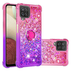 Custodia Silicone Cover Morbida Bling-Bling con Anello Supporto S02 per Samsung Galaxy A12 Nacho Rosa Caldo