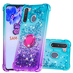 Custodia Silicone Cover Morbida Bling-Bling con Anello Supporto S02 per Samsung Galaxy A21 European Cielo Blu