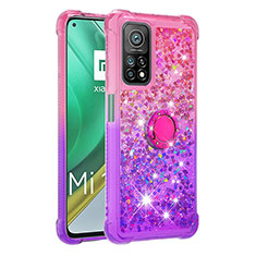 Custodia Silicone Cover Morbida Bling-Bling con Anello Supporto S02 per Xiaomi Mi 10T Pro 5G Rosa Caldo