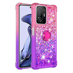 Custodia Silicone Cover Morbida Bling-Bling con Anello Supporto S02 per Xiaomi Mi 11T 5G Rosa Caldo