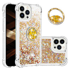 Custodia Silicone Cover Morbida Bling-Bling con Anello Supporto S03 per Apple iPhone 13 Pro Oro