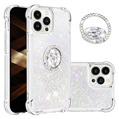 Custodia Silicone Cover Morbida Bling-Bling con Anello Supporto S03 per Apple iPhone 15 Pro Max Argento