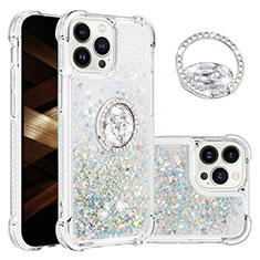 Custodia Silicone Cover Morbida Bling-Bling con Anello Supporto S03 per Apple iPhone 15 Pro Max Azzurro