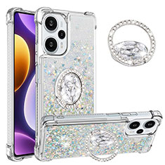 Custodia Silicone Cover Morbida Bling-Bling con Anello Supporto YB1 per Xiaomi Poco F5 5G Azzurro