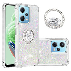 Custodia Silicone Cover Morbida Bling-Bling con Anello Supporto YB1 per Xiaomi Redmi Note 12 5G Argento