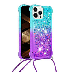 Custodia Silicone Cover Morbida Bling-Bling con Cinghia Cordino Mano S01 per Apple iPhone 14 Pro Cielo Blu