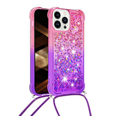 Custodia Silicone Cover Morbida Bling-Bling con Cinghia Cordino Mano S01 per Apple iPhone 14 Pro Max Rosa Caldo