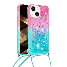 Custodia Silicone Cover Morbida Bling-Bling con Cinghia Cordino Mano S01 per Apple iPhone 15 Plus Rosa