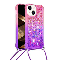 Custodia Silicone Cover Morbida Bling-Bling con Cinghia Cordino Mano S01 per Apple iPhone 15 Plus Rosa Caldo