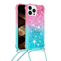 Custodia Silicone Cover Morbida Bling-Bling con Cinghia Cordino Mano S01 per Apple iPhone 16 Pro Max Rosa