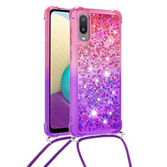 Custodia Silicone Cover Morbida Bling-Bling con Cinghia Cordino Mano S01 per Samsung Galaxy A02 Rosa