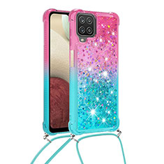 Custodia Silicone Cover Morbida Bling-Bling con Cinghia Cordino Mano S01 per Samsung Galaxy A12 5G Rosa