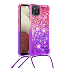 Custodia Silicone Cover Morbida Bling-Bling con Cinghia Cordino Mano S01 per Samsung Galaxy A12 5G Rosa Caldo