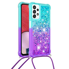 Custodia Silicone Cover Morbida Bling-Bling con Cinghia Cordino Mano S01 per Samsung Galaxy A13 4G Cielo Blu