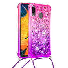 Custodia Silicone Cover Morbida Bling-Bling con Cinghia Cordino Mano S01 per Samsung Galaxy A20 Rosa Caldo